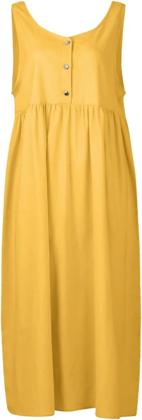 Linen Dresses for Women 2024 Summer Midi V Neck Sleeveless Button Pleated Sundresses Casual Beach Flowy Tank Dress