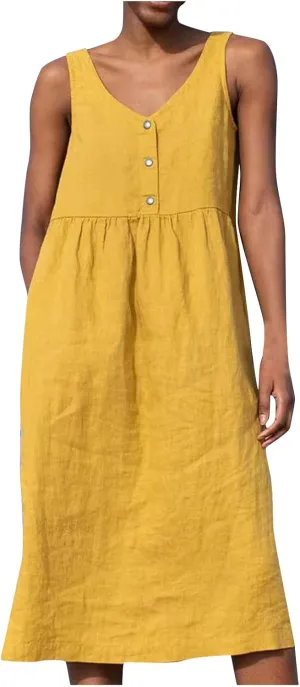 Linen Dresses for Women 2024 Summer Midi V Neck Sleeveless Button Pleated Sundresses Casual Beach Flowy Tank Dress