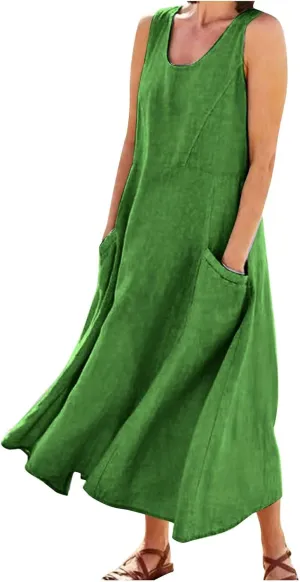 Linen Dresses for Women 2025 Casual Summer Sleeveless U Neck Flowy Maxi Dress Plus Size Boho Sundress with Pockets