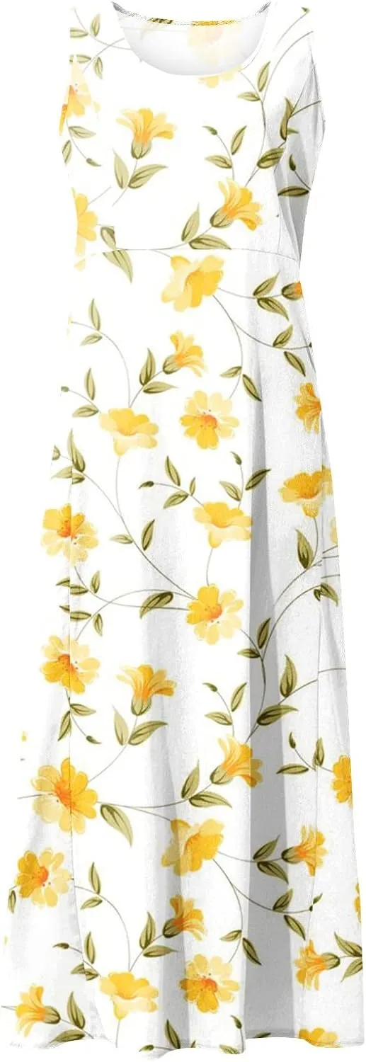 Linen Dresses for Women 2025 Casual Summer Sleeveless U Neck Flowy Maxi Dress Plus Size Boho Sundress with Pockets