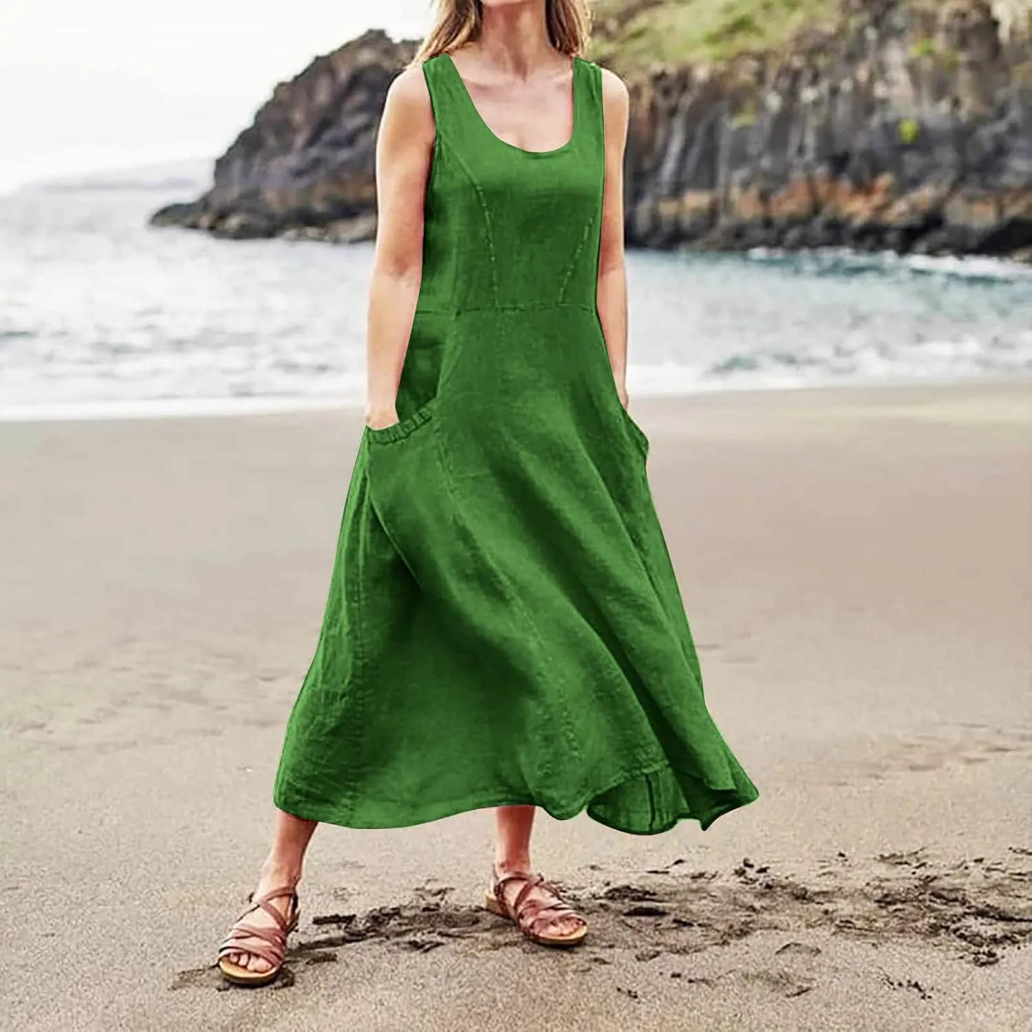 Linen Dresses for Women 2025 Casual Summer Sleeveless U Neck Flowy Maxi Dress Plus Size Boho Sundress with Pockets