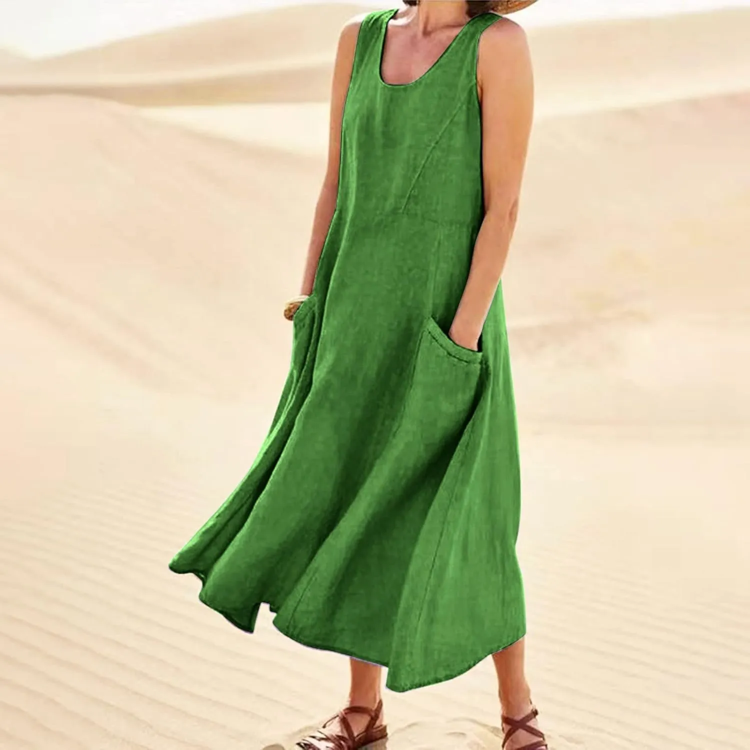 Linen Dresses for Women 2025 Casual Summer Sleeveless U Neck Flowy Maxi Dress Plus Size Boho Sundress with Pockets