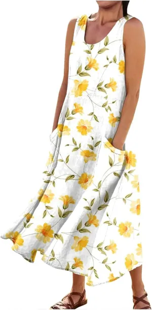 Linen Dresses for Women 2025 Casual Summer Sleeveless U Neck Flowy Maxi Dress Plus Size Boho Sundress with Pockets