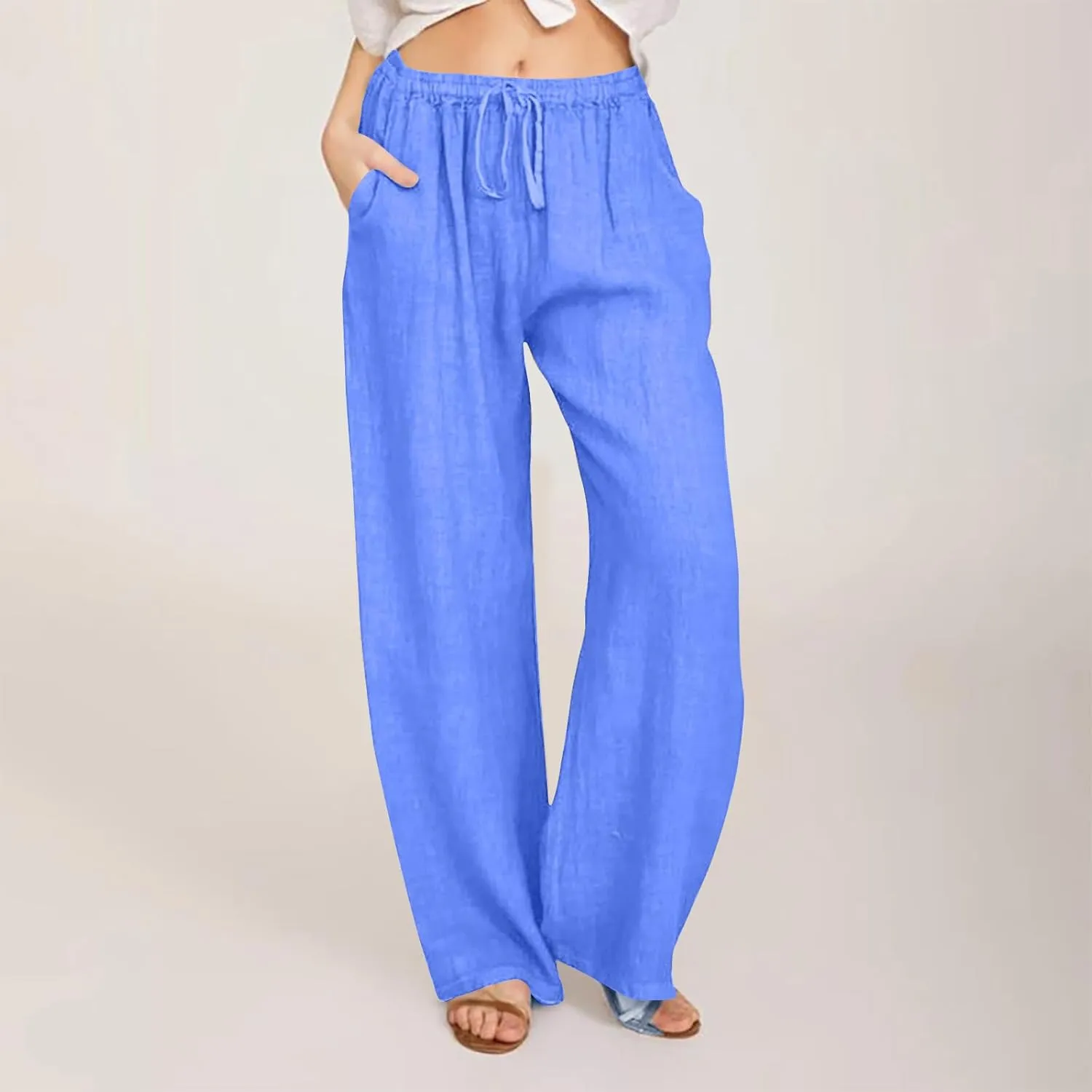 Linen Pants for Women Summer Drawstring Wide Leg Cotton Trousers Casual Loose Beach Palazzo Pants with Pockets