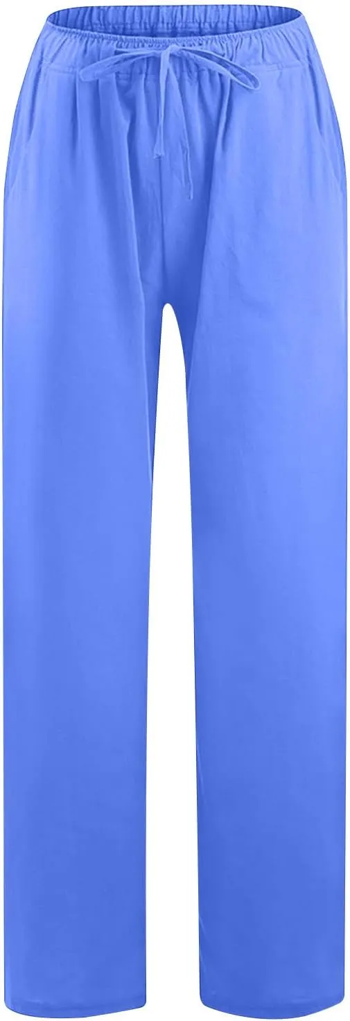 Linen Pants for Women Summer Drawstring Wide Leg Cotton Trousers Casual Loose Beach Palazzo Pants with Pockets
