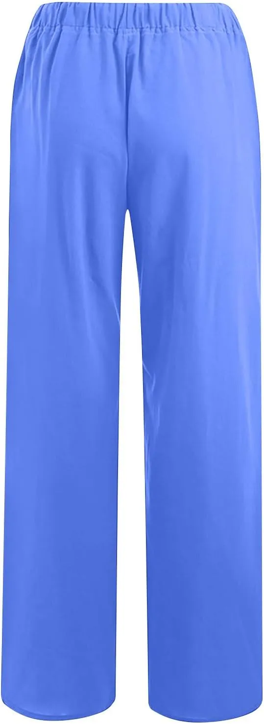 Linen Pants for Women Summer Drawstring Wide Leg Cotton Trousers Casual Loose Beach Palazzo Pants with Pockets