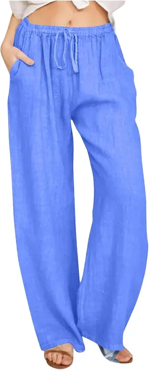 Linen Pants for Women Summer Drawstring Wide Leg Cotton Trousers Casual Loose Beach Palazzo Pants with Pockets