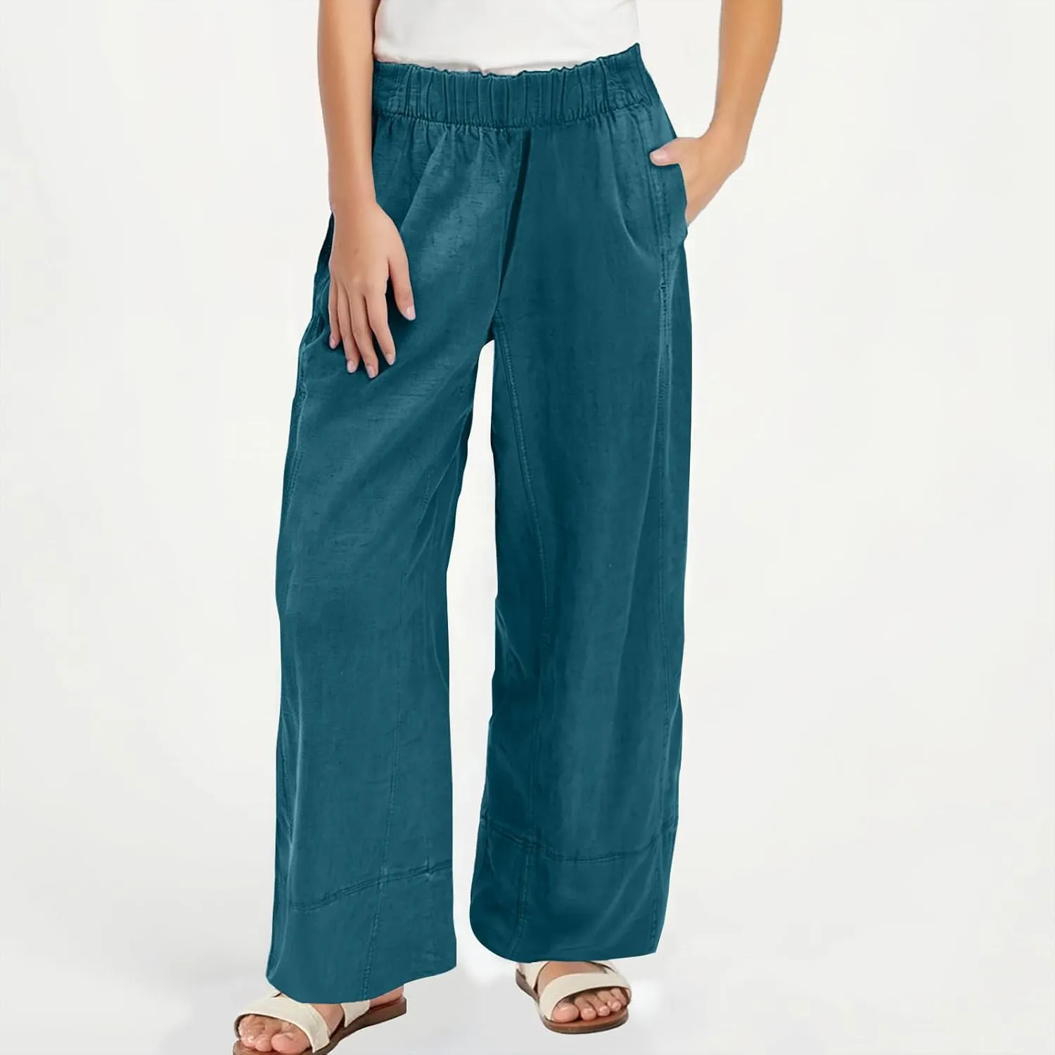 Linen Pants for Women,Wwomens Casual Summer 2025 Drawstring Elastic High Waist Pant Comfy Solid Wide Leg Trouser