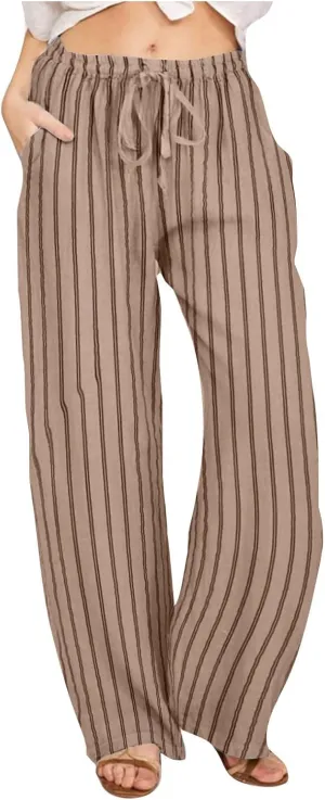 Linen Pants Women High Waisted Wide Leg Palazzo Pants Lightweight Summer Elastic Waist Casual Lounge Trousers
