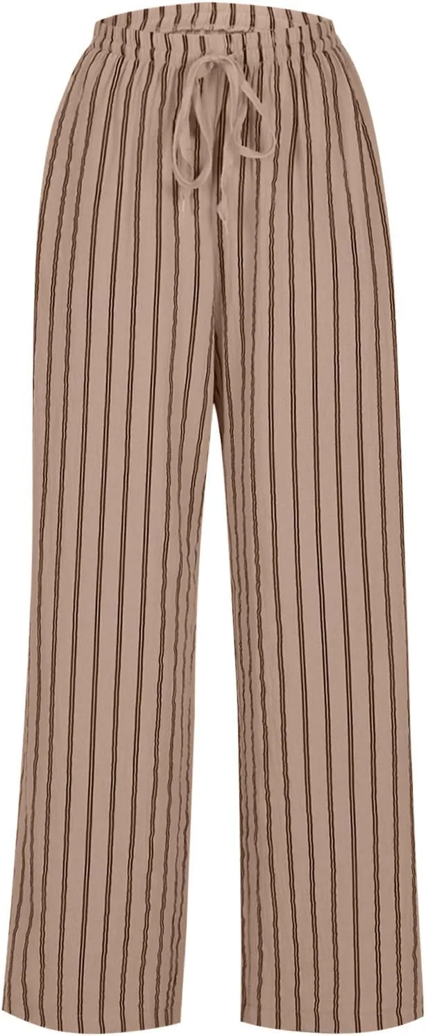 Linen Pants Women High Waisted Wide Leg Palazzo Pants Lightweight Summer Elastic Waist Casual Lounge Trousers