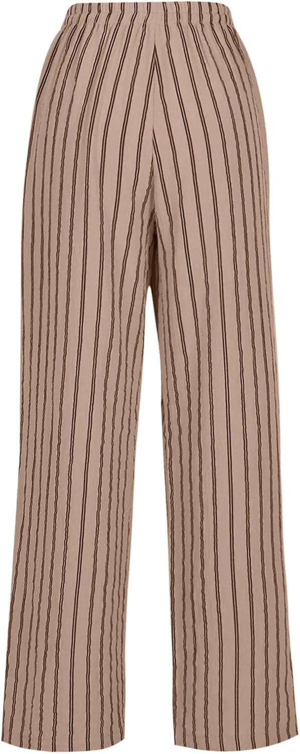 Linen Pants Women High Waisted Wide Leg Palazzo Pants Lightweight Summer Elastic Waist Casual Lounge Trousers