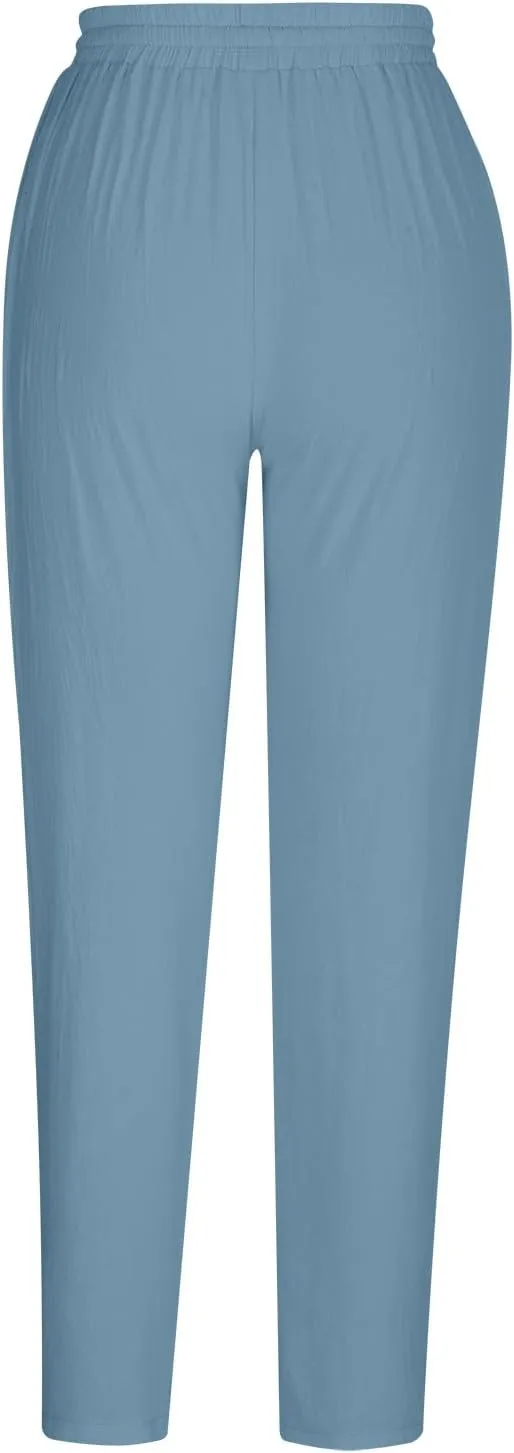 Linen Pants Women Summer Cotton Tapered Pants Drawstring Waist Beach Trousers with Pockets Casual Vacation Outfits