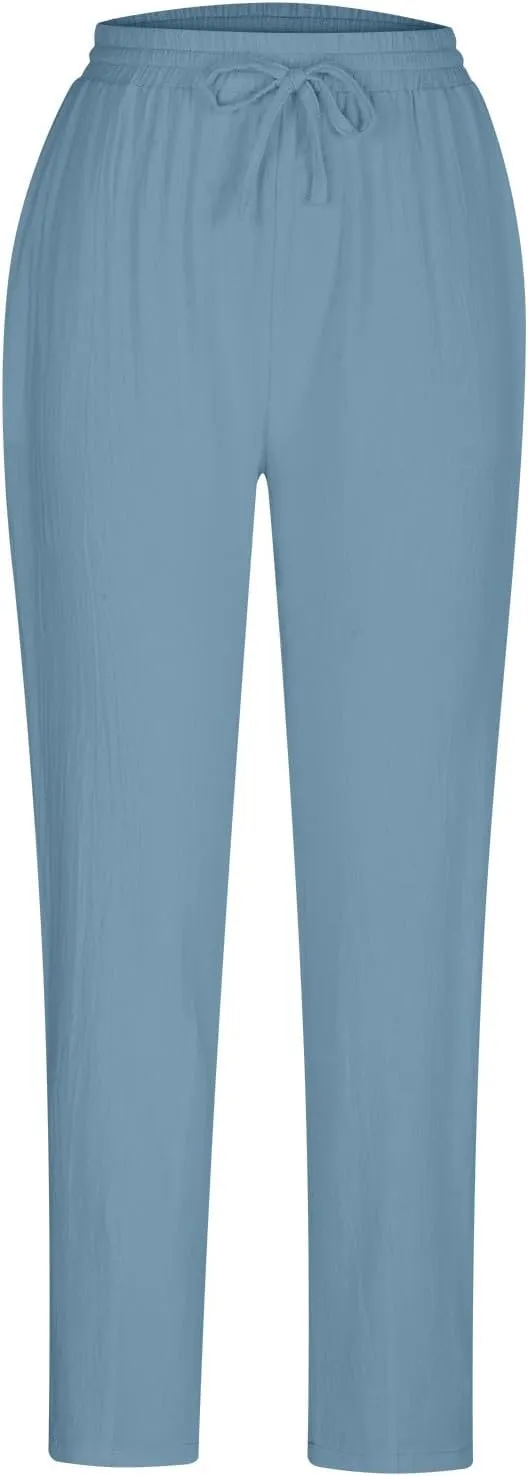 Linen Pants Women Summer Cotton Tapered Pants Drawstring Waist Beach Trousers with Pockets Casual Vacation Outfits