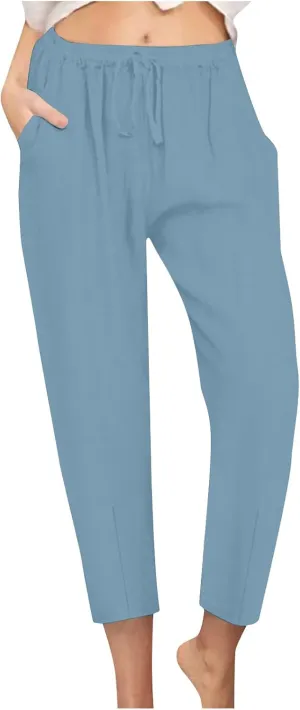 Linen Pants Women Summer Cotton Tapered Pants Drawstring Waist Beach Trousers with Pockets Casual Vacation Outfits