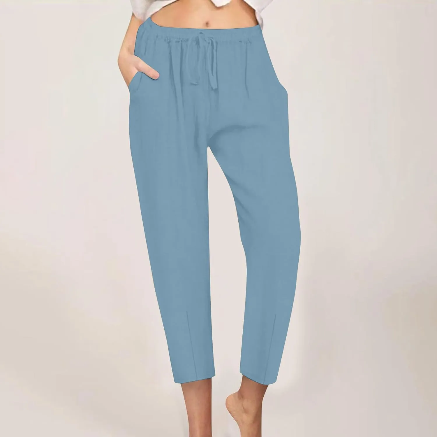 Linen Pants Women Summer Cotton Tapered Pants Drawstring Waist Beach Trousers with Pockets Casual Vacation Outfits