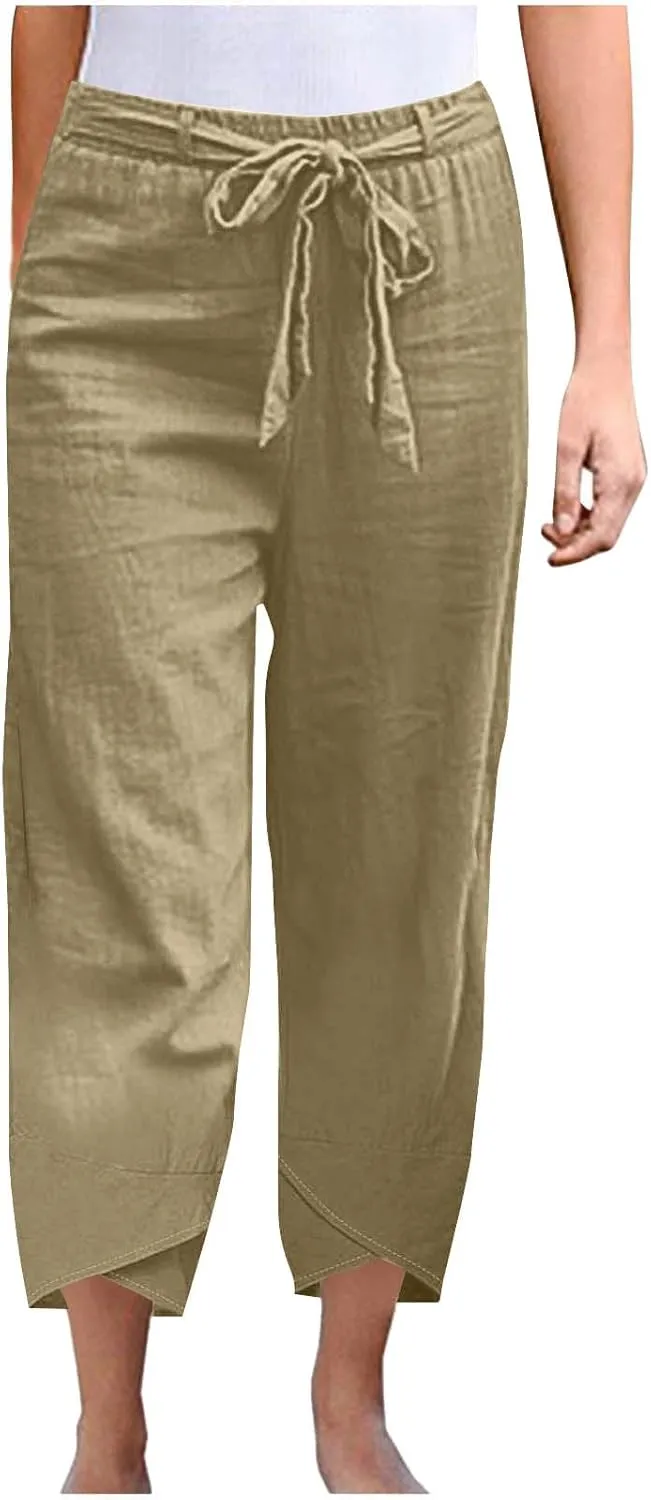 Linen Pants Women Vacation Boho Pants Drawstring Waist Linen Pants Summer Loose Fit Capri Pants Solid Trendy Trousers