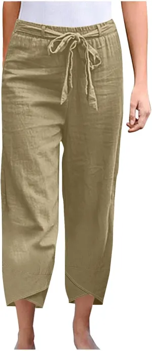 Linen Pants Women Vacation Boho Pants Drawstring Waist Linen Pants Summer Loose Fit Capri Pants Solid Trendy Trousers