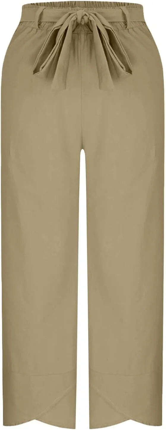 Linen Pants Women Vacation Boho Pants Drawstring Waist Linen Pants Summer Loose Fit Capri Pants Solid Trendy Trousers