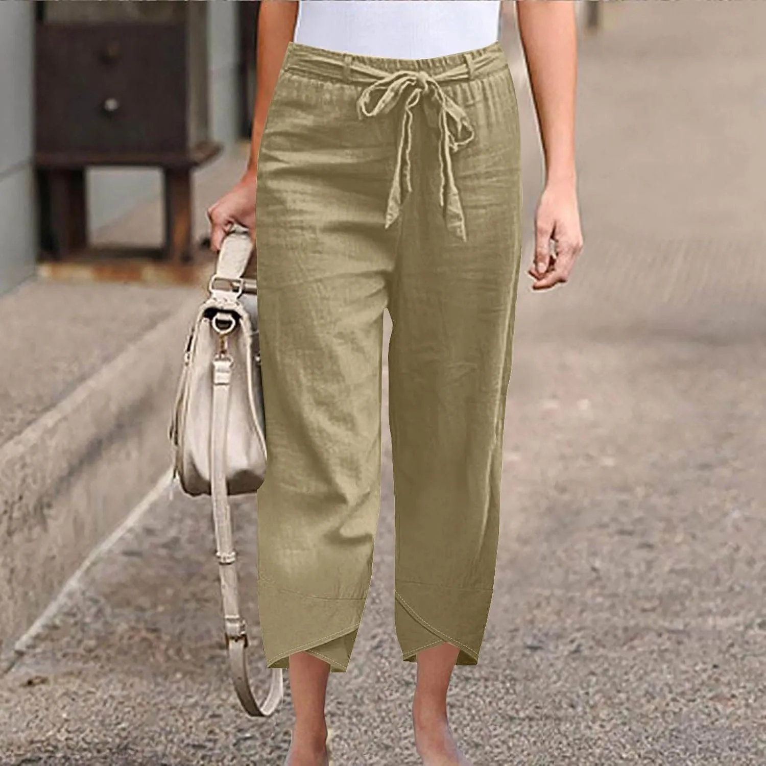 Linen Pants Women Vacation Boho Pants Drawstring Waist Linen Pants Summer Loose Fit Capri Pants Solid Trendy Trousers