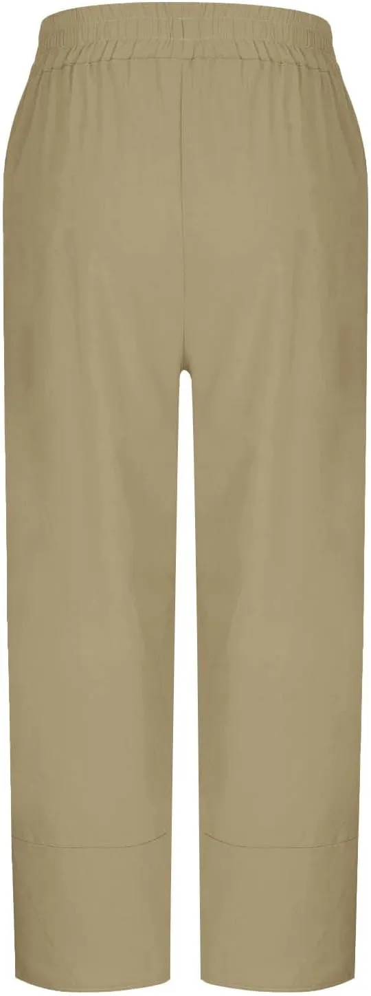 Linen Pants Women Vacation Boho Pants Drawstring Waist Linen Pants Summer Loose Fit Capri Pants Solid Trendy Trousers