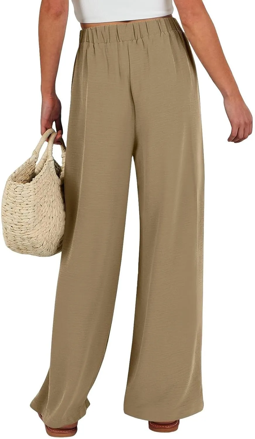 Linen Pants Women Wide Leg High Waist Casual Loose Pants Summer Beach Palazzo Flowly Drawstring Trousers with Pockets