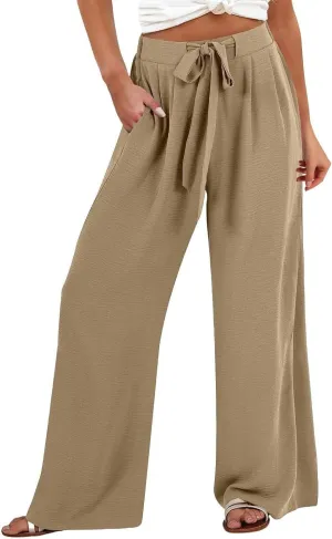 Linen Pants Women Wide Leg High Waist Casual Loose Pants Summer Beach Palazzo Flowly Drawstring Trousers with Pockets