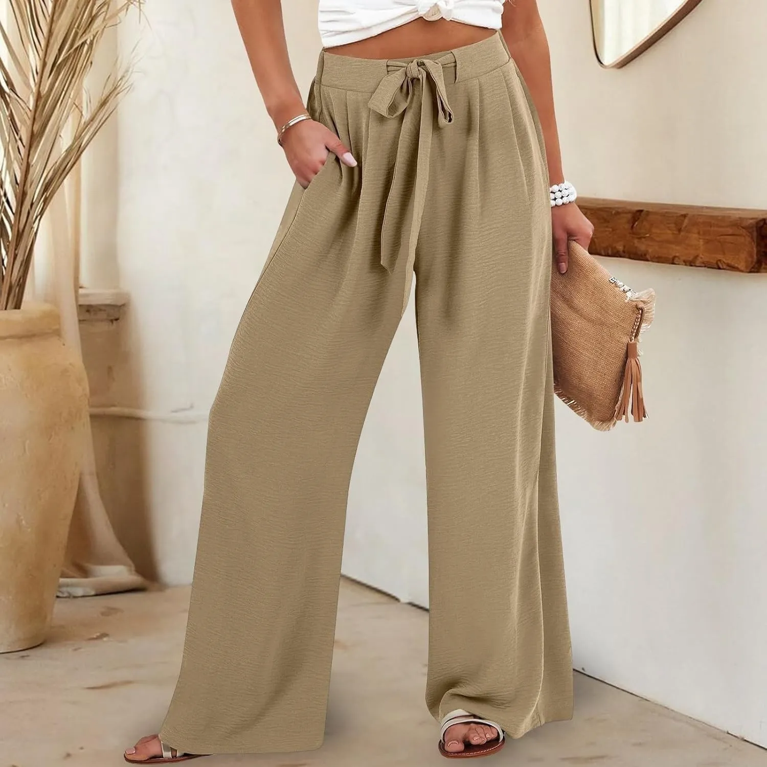Linen Pants Women Wide Leg High Waist Casual Loose Pants Summer Beach Palazzo Flowly Drawstring Trousers with Pockets