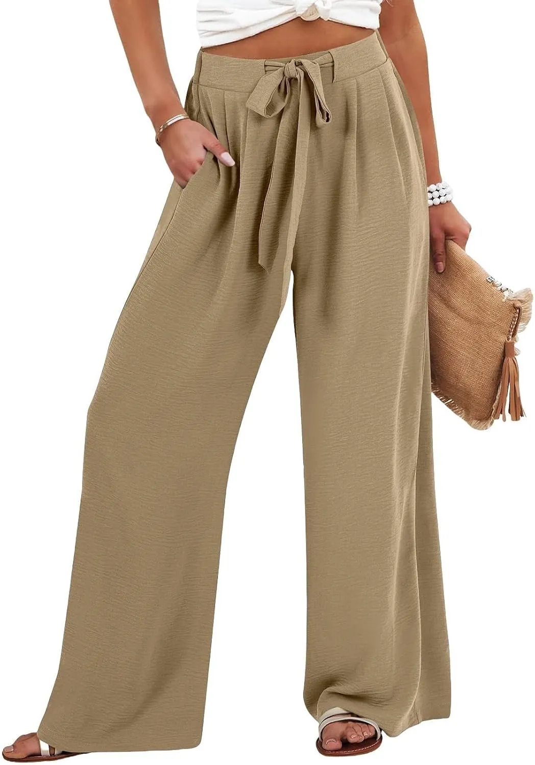Linen Pants Women Wide Leg High Waist Casual Loose Pants Summer Beach Palazzo Flowly Drawstring Trousers with Pockets
