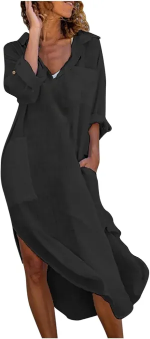 Linen Shirt Dress for Women Button Down Casual Collared Long Sleeve Dress Flowy Summer Vacation Dress with Pockets