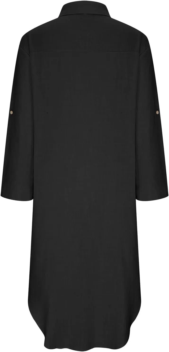 Linen Shirt Dress for Women Button Down Casual Collared Long Sleeve Dress Flowy Summer Vacation Dress with Pockets