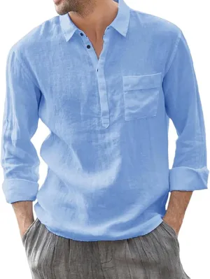 Linen Shirts for Men Casual 3/4 Roll-Up Sleeve V Neck Henley Shirt Quick Dry Breathable Boho Beach Hippie Tee Tops