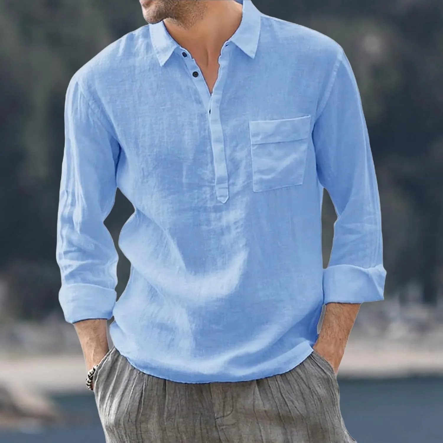 Linen Shirts for Men Casual 3/4 Roll-Up Sleeve V Neck Henley Shirt Quick Dry Breathable Boho Beach Hippie Tee Tops
