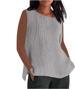 Linen Tank Tops for Women Cotton Gauze Crewneck Pleated Front Sleeveless Plus Size Side Slit Summer Shirts