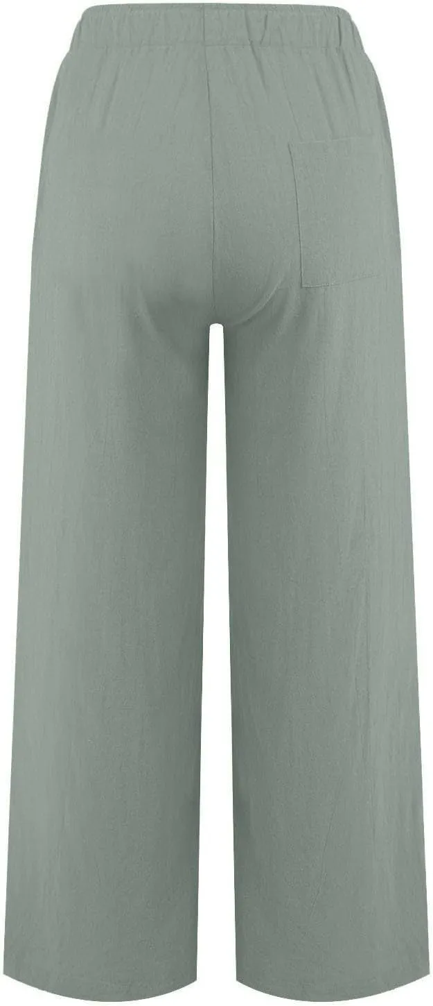 Linen Wide Leg Pants Woman Summer High Waisted Beach Pants Casual Trousers Drawstring Lounge Pants with Pockets