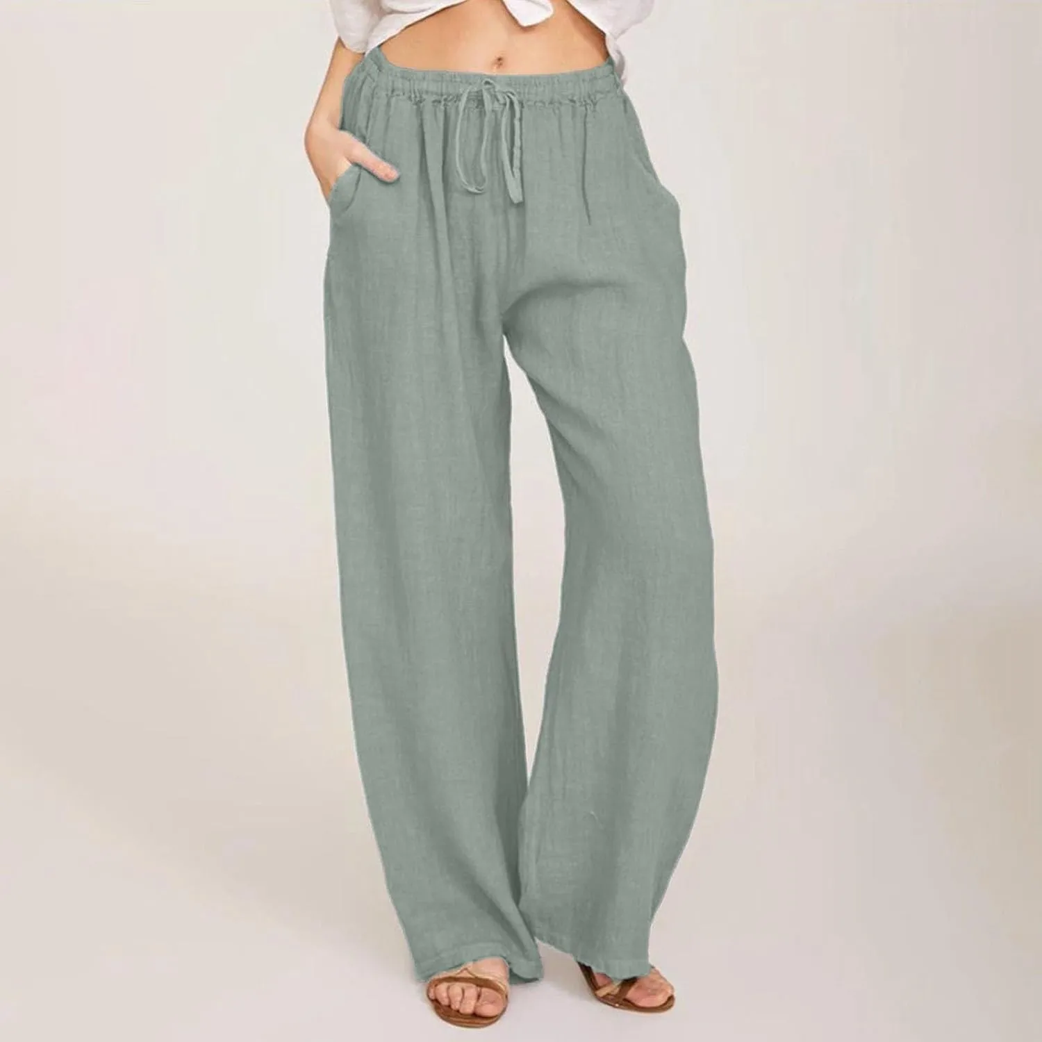 Linen Wide Leg Pants Woman Summer High Waisted Beach Pants Casual Trousers Drawstring Lounge Pants with Pockets
