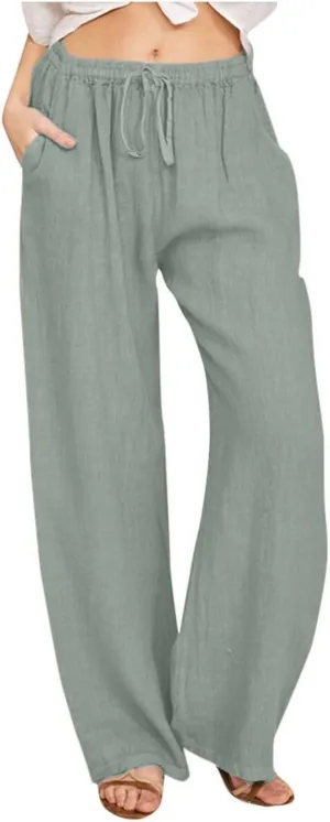 Linen Wide Leg Pants Woman Summer High Waisted Beach Pants Casual Trousers Drawstring Lounge Pants with Pockets