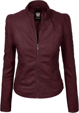 Lock and Love Women's Faux Leather Moto Biker Jacket Coat with Removable or Non-Removable Hood