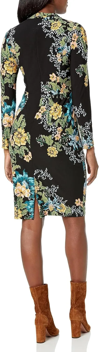 London Times Women's Petite Mock Neck Midi Dress with Ruching