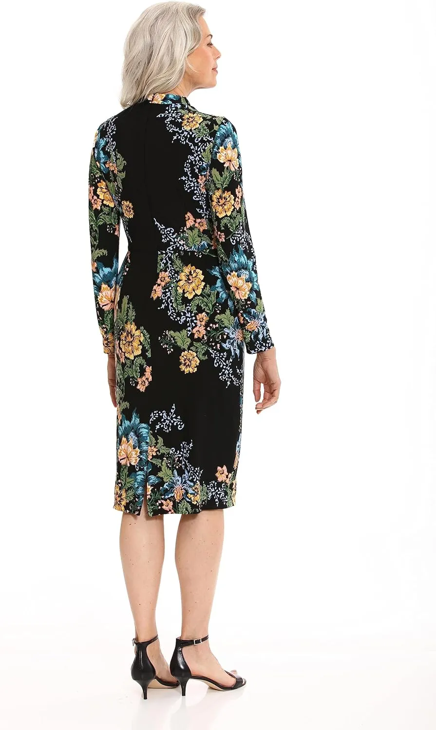 London Times Women's Petite Mock Neck Midi Dress with Ruching