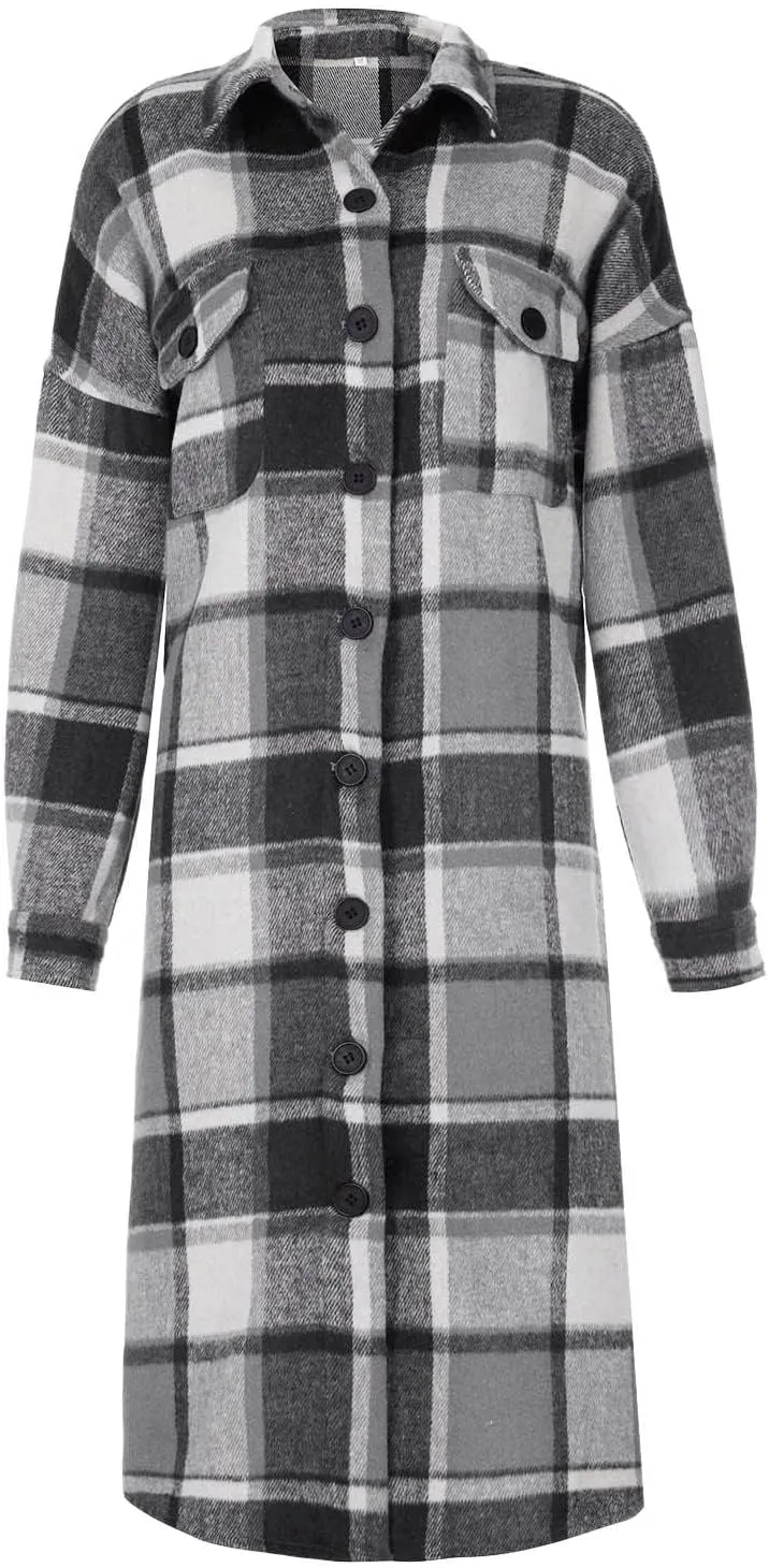 Long Jackets for Women Flannel Plaid Shacket Coat Oversized Button Down Long Shirt Jacket Fall Spring Trench Coat