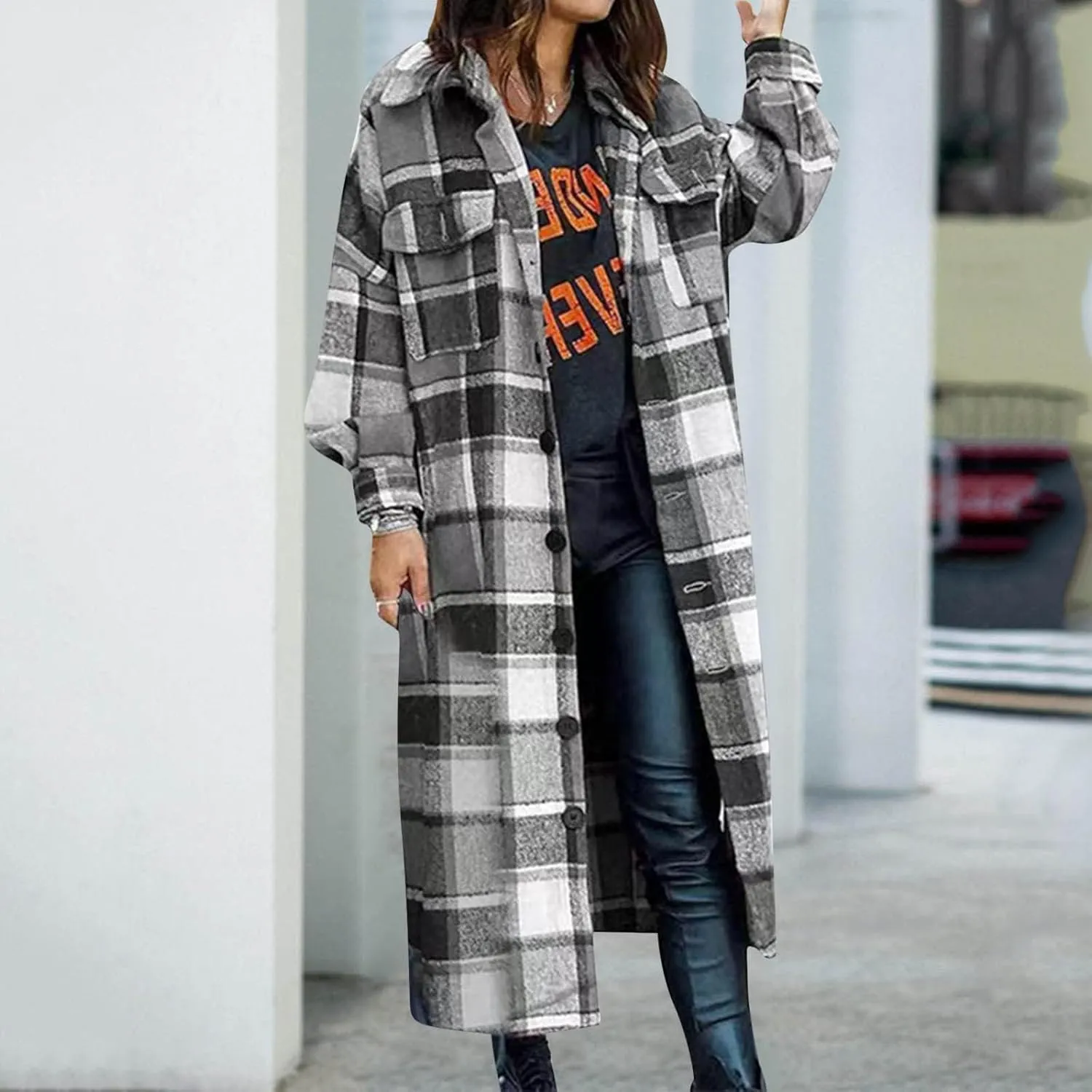 Long Jackets for Women Flannel Plaid Shacket Coat Oversized Button Down Long Shirt Jacket Fall Spring Trench Coat