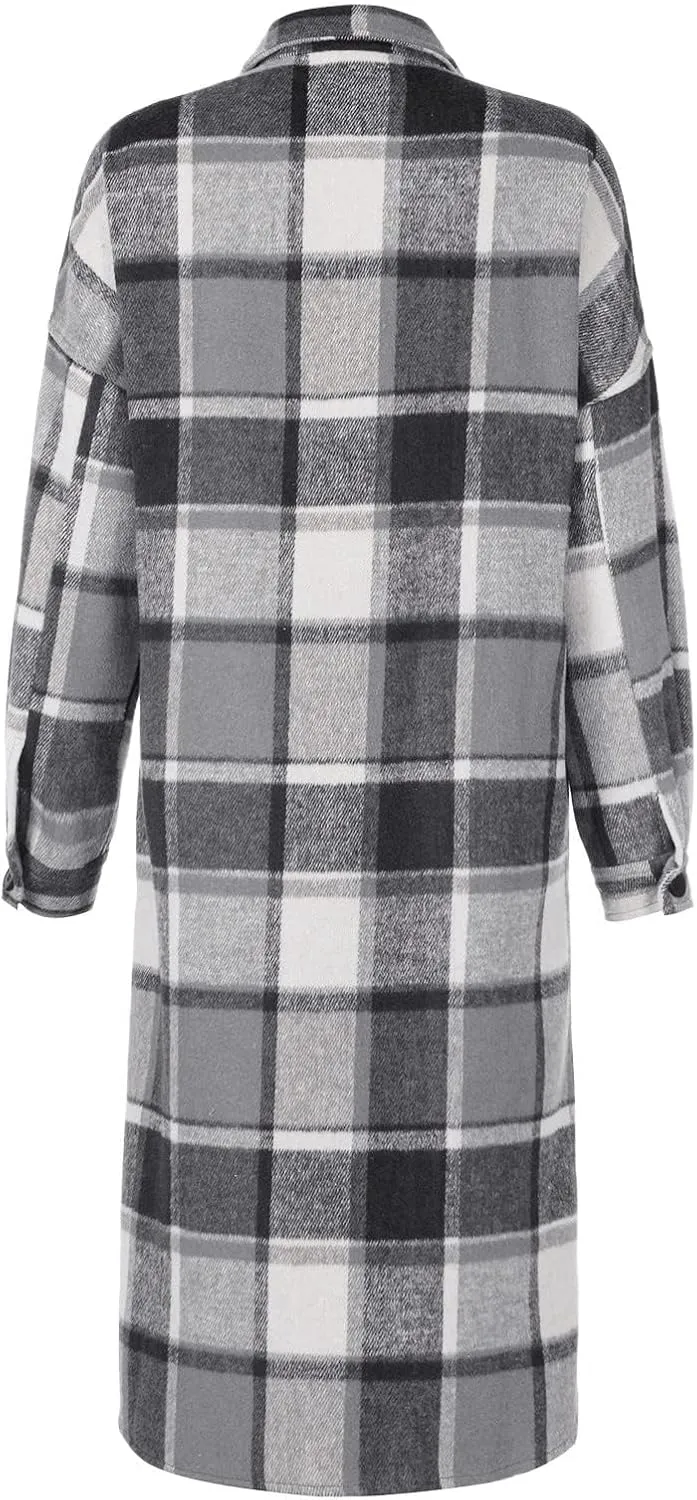 Long Jackets for Women Flannel Plaid Shacket Coat Oversized Button Down Long Shirt Jacket Fall Spring Trench Coat