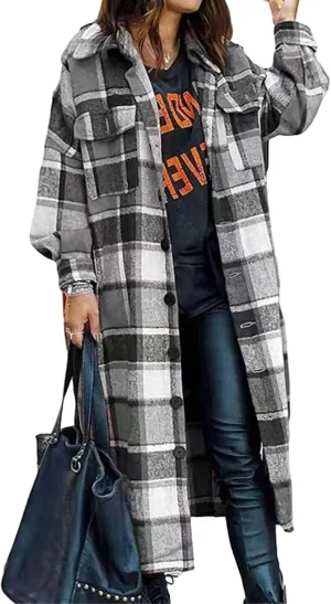 Long Jackets for Women Flannel Plaid Shacket Coat Oversized Button Down Long Shirt Jacket Fall Spring Trench Coat