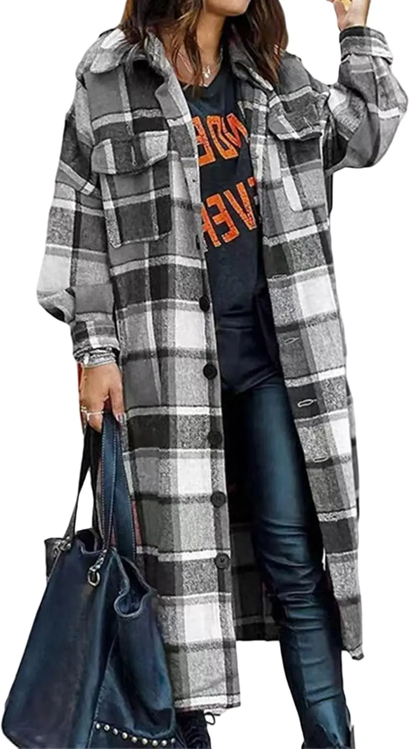 Long Jackets for Women Flannel Plaid Shacket Coat Oversized Button Down Long Shirt Jacket Fall Spring Trench Coat