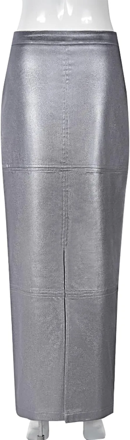 Long Skirts for Women Trendy High Waisted A Line Business Casual Leather Maxi Skirt with Slit Dressy