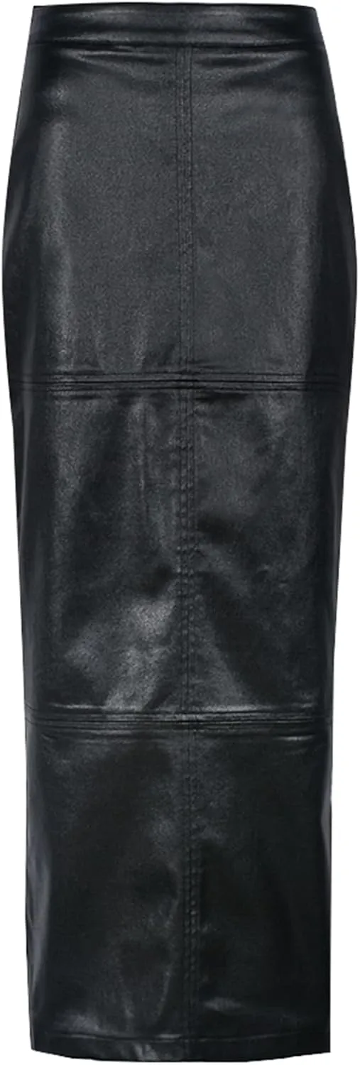Long Skirts for Women Trendy High Waisted A Line Business Casual Leather Maxi Skirt with Slit Dressy