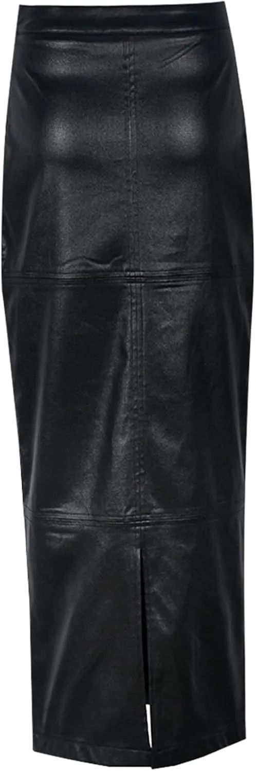Long Skirts for Women Trendy High Waisted A Line Business Casual Leather Maxi Skirt with Slit Dressy