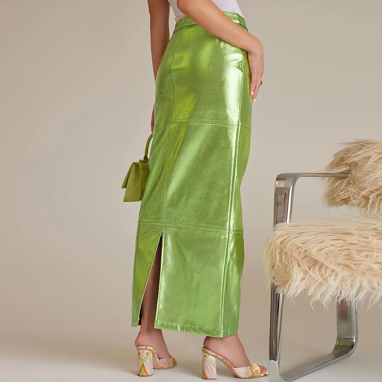 Long Skirts for Women Trendy High Waisted A Line Business Casual Leather Maxi Skirt with Slit Dressy