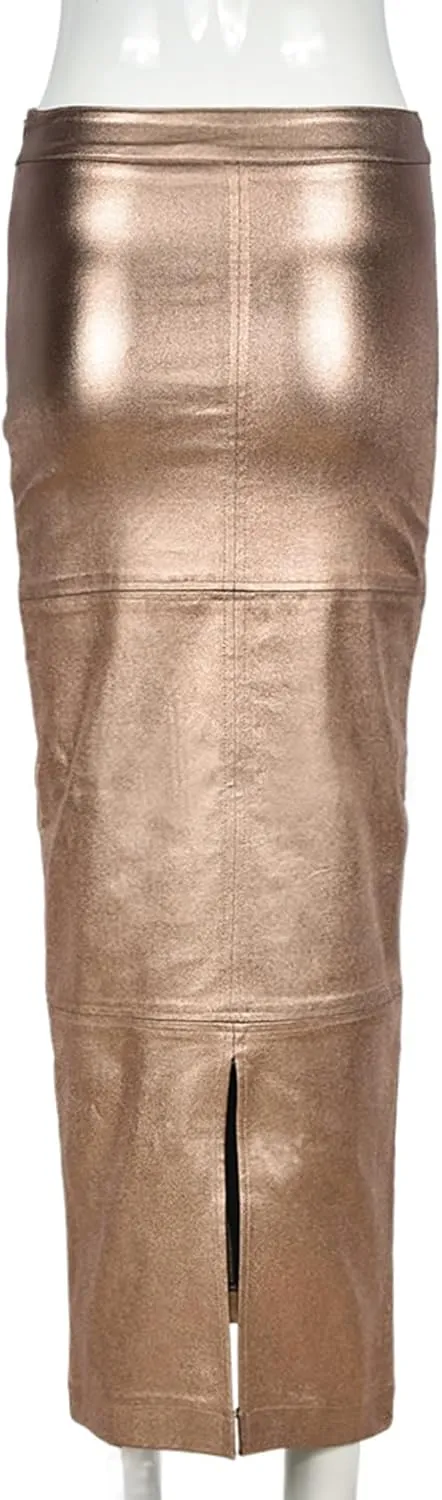 Long Skirts for Women Trendy High Waisted A Line Business Casual Leather Maxi Skirt with Slit Dressy