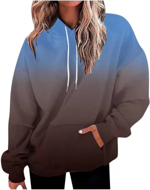 Long Sleeve Blouses for Women Fashion Drawstring Gradient Color Hooded Sweatshirts Causal Oversized Shirts Pullover